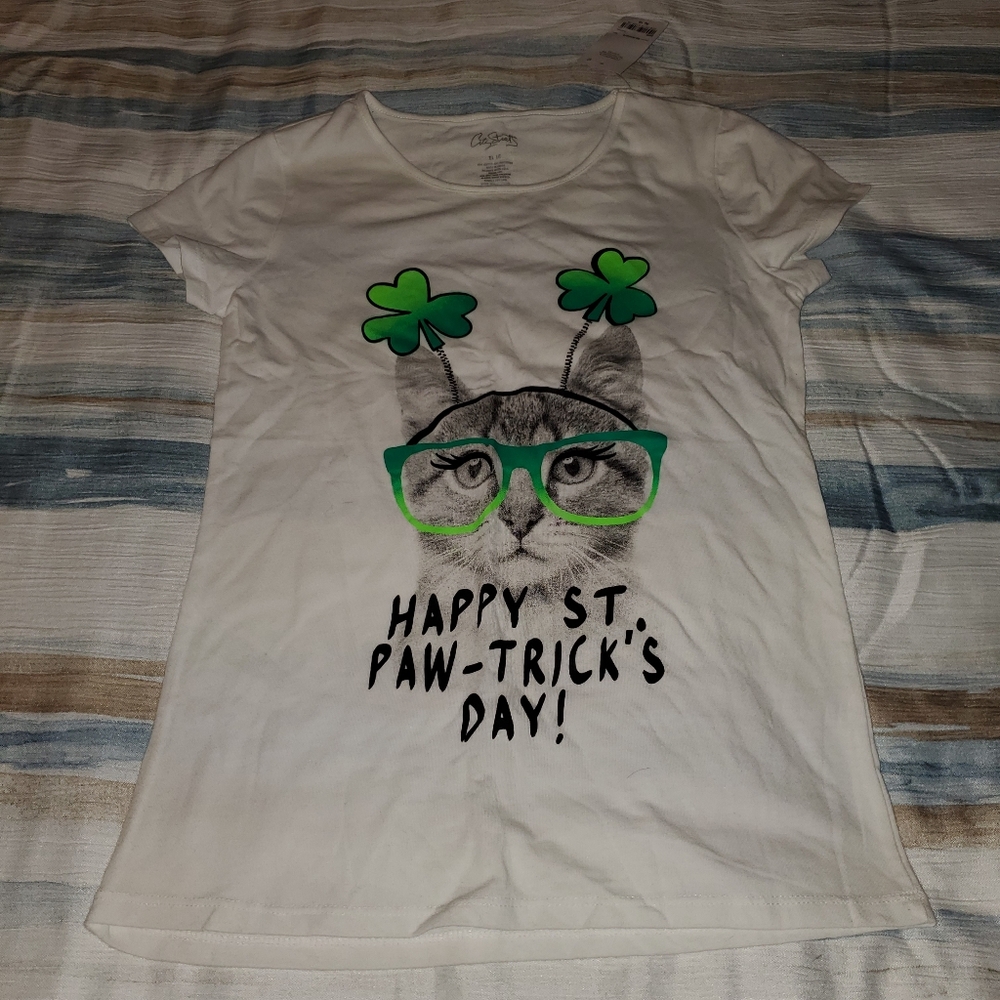 Kids St. Patrick's Day Cat Shirt - White & Green
